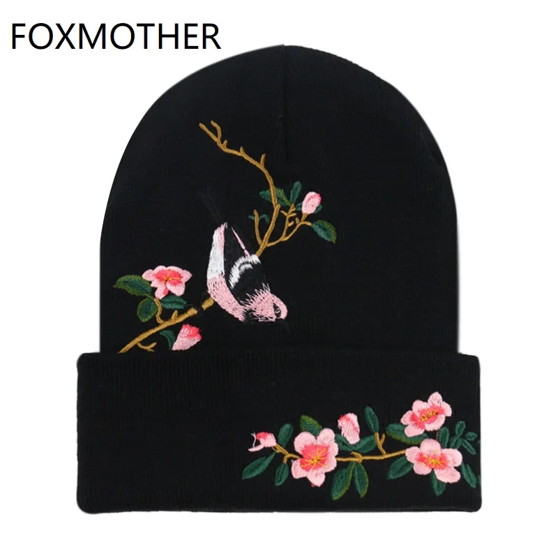 FOXMOTHER Новая мода черная птица на ветках деревьев Цветочная вышивка вязаная Лыжная Шапка кепки зимняя женская обувь для девочек
