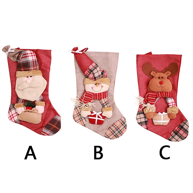 Christmas Stocking For Christmas Decoration,big Plaid Santa Claus Elk Snowman Christmas Candy Stocking Lovely Gift Bag