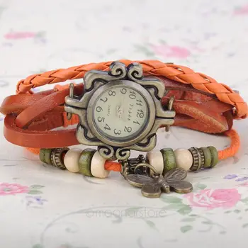 

Women Vintage Retro Multi-Layer Braided PU Leather Beads Butterfly Bracelet Watch Quartz Wrist Watch