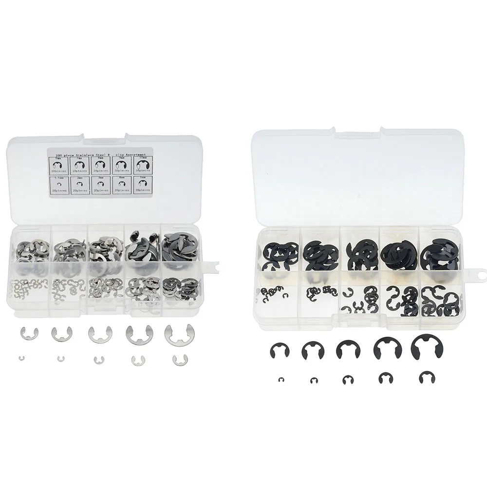 

120PCS Black /200PCS Silver M1.5-M10 E Clip Washer Assortment Kit Circlip Retaining Ring For Shaft Fastener E-shaped Circlip