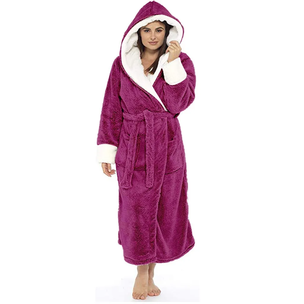Winter Plush Lengthened Shawl Soft Bathrobe With Hood Women Nightgown Home Clothes Warm Bath Robes Dressing Gowns Robe Coat 12.5 - Цвет: HT