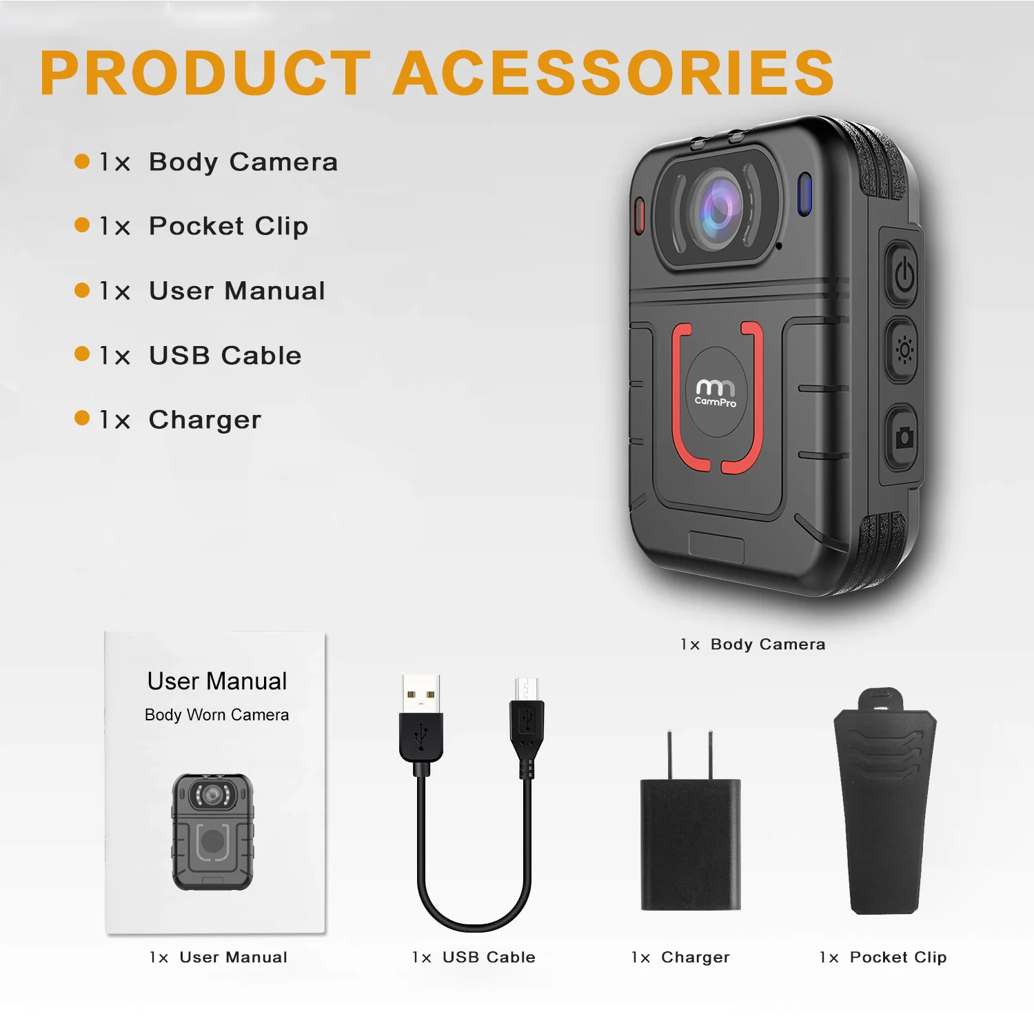 CammPro M831 HD 1296P Police Body Camera 64GB 13 Hours Recording Wearable Camera Night Vision Security Guard Personal Recorder