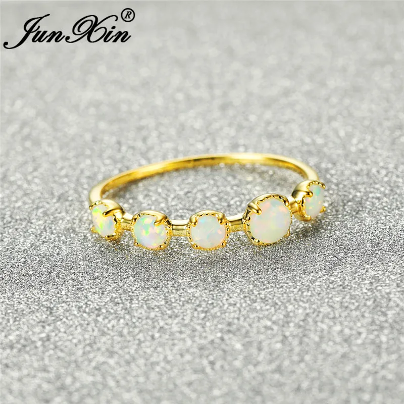 Real 925 Sterling Silver Ring Single Row Round White Fire Opal Rings For Women Yellow Gold Wedding Bands Stacking Thin Ring Band