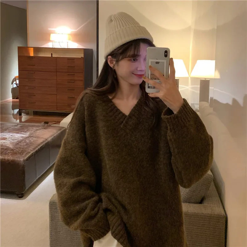 long sleeve sweaters and pullovers Simple solid v-neck casual style autumn winter hot fashion brand Women's Clothing ladies