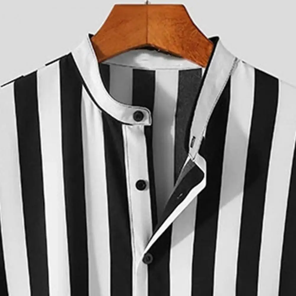 Cotton Shirt Men Casual Shirt Summer Stripes Short Sleeve Stand Collar Men Cardigan Outdoor Casual Shirt