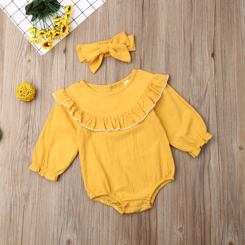 Neugeborene Baby mяdchen Kleidung ruschen Langarm Strampler Stirnband наряды