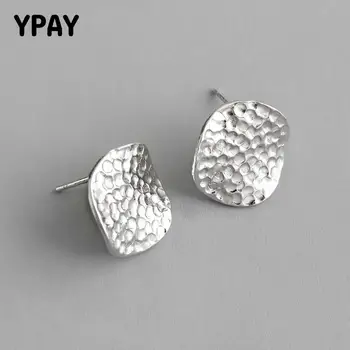 

YPAY 100% Real 925 Sterling Silver Stud Earrings for Women Korea INS Irregular Concave Surface Hammered Earring Jewelry YME561