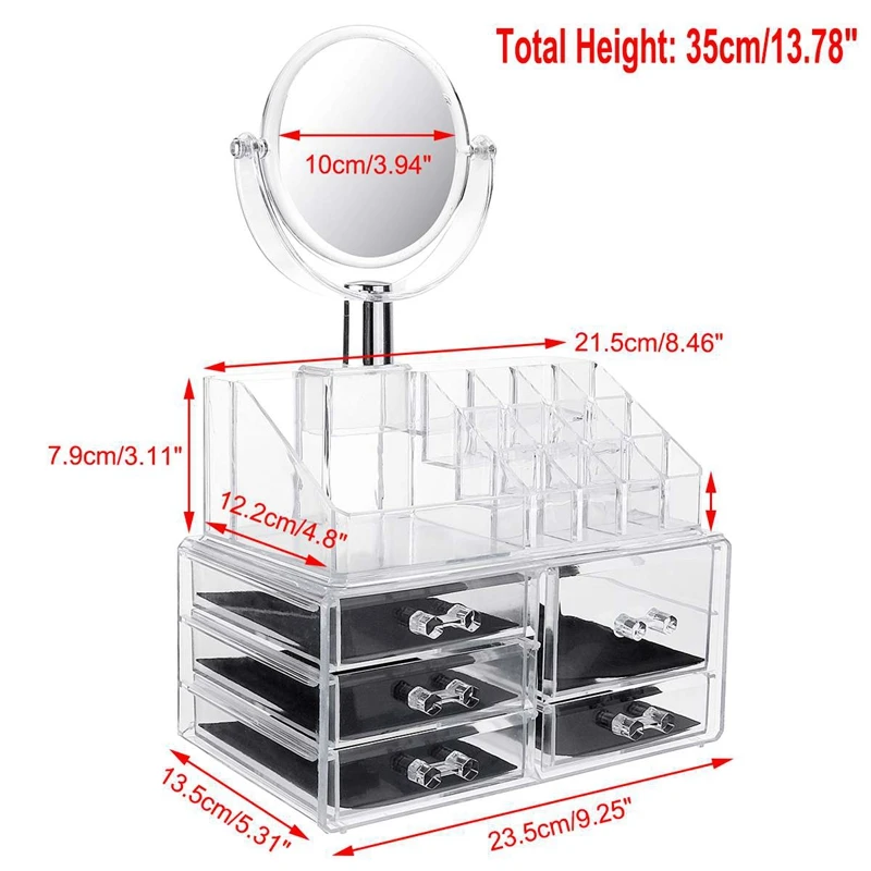 Large Mirror Clear Cosmetic Organizer Box Makeup Storage Drawer Desk Bathroom Makeup Brush Lipstick Holder