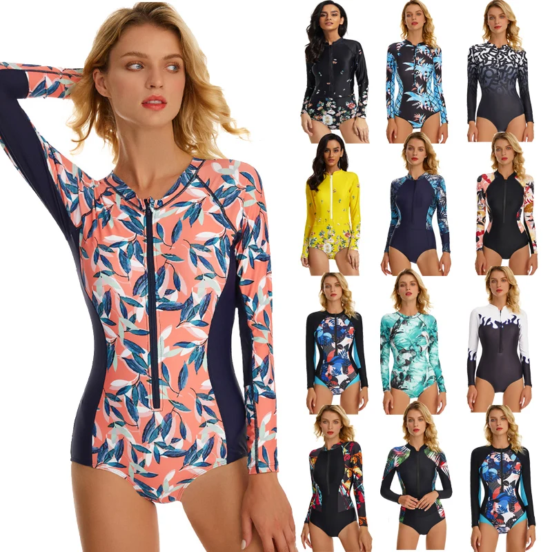 Diving One Piece Swimsuit Print Long Sleeve Women Swimwear Bathing Suit Rash Guard Surfing Swimming Suit Rashguard big size 2XL