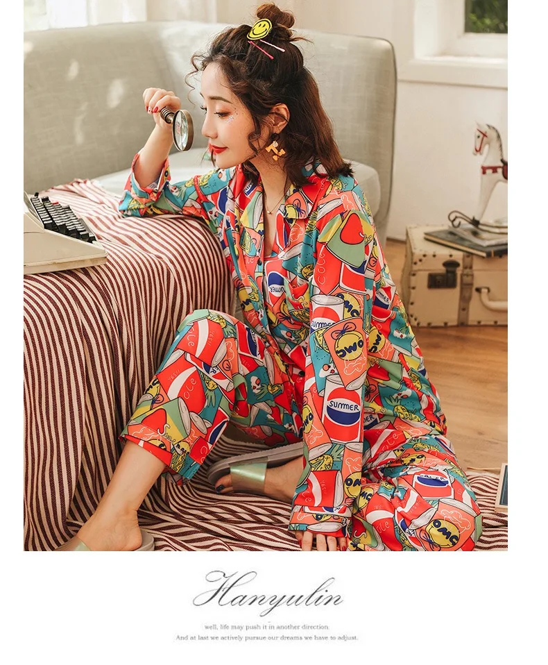 Autumn Fashion New Colorful Pajamas Set Ladies Comfort Soft Ice Silk Long Sleeve Homewear Femme Satin Long Sleeve Sleepwear
