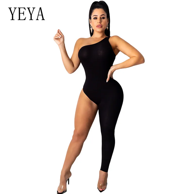 

YEYA Asymmetric Solid Color Jumpsuits Women Rompers Sexy Off Shoulder Sleeveless Elegant Black Bodycon Femme Playsuits Overalls