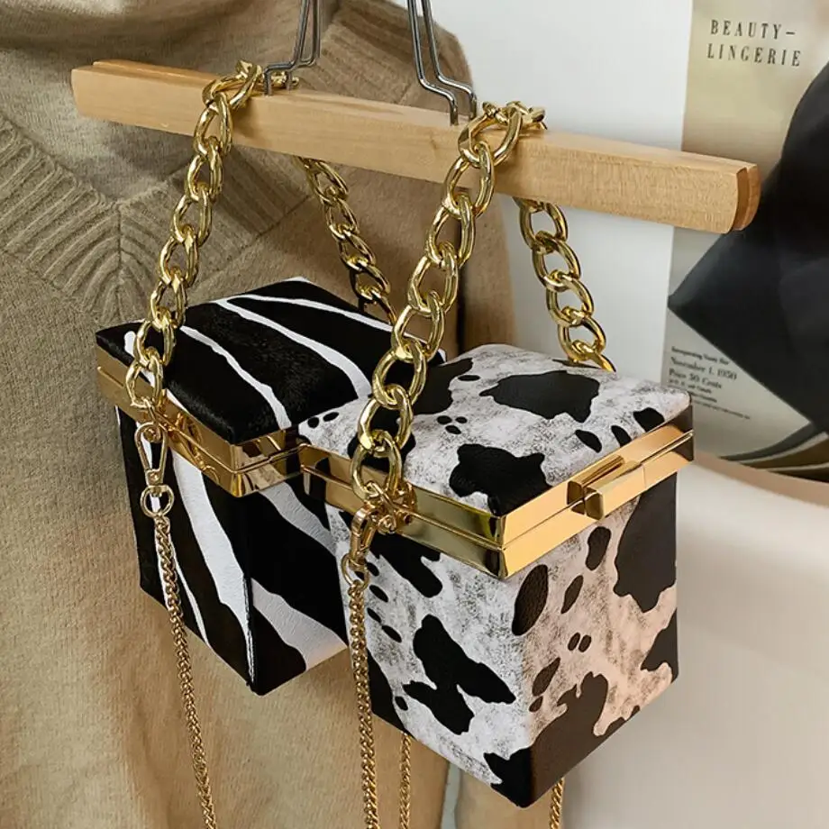 

Mini Leopard Cow Pattern Box Tote Bag Women's Shoulder Bag Fashion Zebra Animal Pattern Women Handbag Chain Crossbody Bag Purse