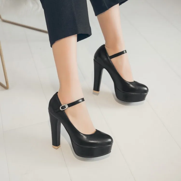

Big Size 11 12 13 platform heels women shoes woman pumps ladies Round-headed buckle waterproof platform thick-heeled shoes