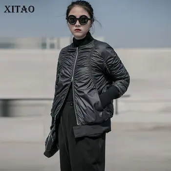 

XITAO Dark Wind Pleated Black Down Coat Women Clothes 2019 Fashion Winter Slim Short Stand Collar Zipper Casual Coat DMY1618