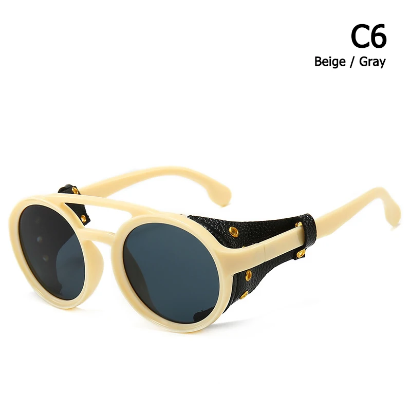 JackJad Fashion Cool SteamPunk Punk Style Round Sunglasses Leather Side Shield Brand Design Sun Glasses Oculos De Sol 95517 - Цвет линз: C6