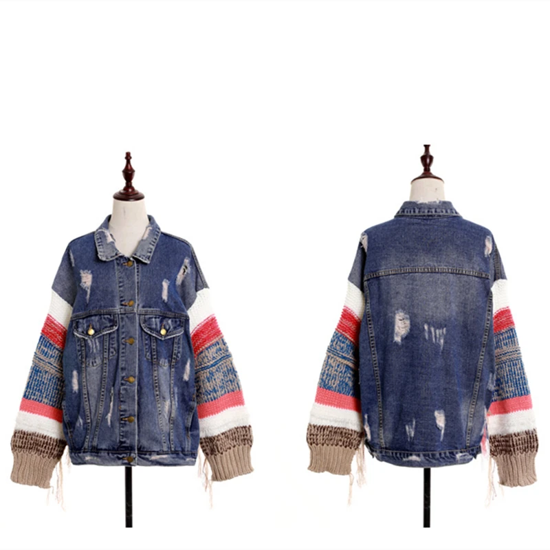 Autumn New Harajuku Denim Lapel Jacket Women Long Sleeve Knitting Stitching Tassel Black Denim Jackets Female Casual Streetwear