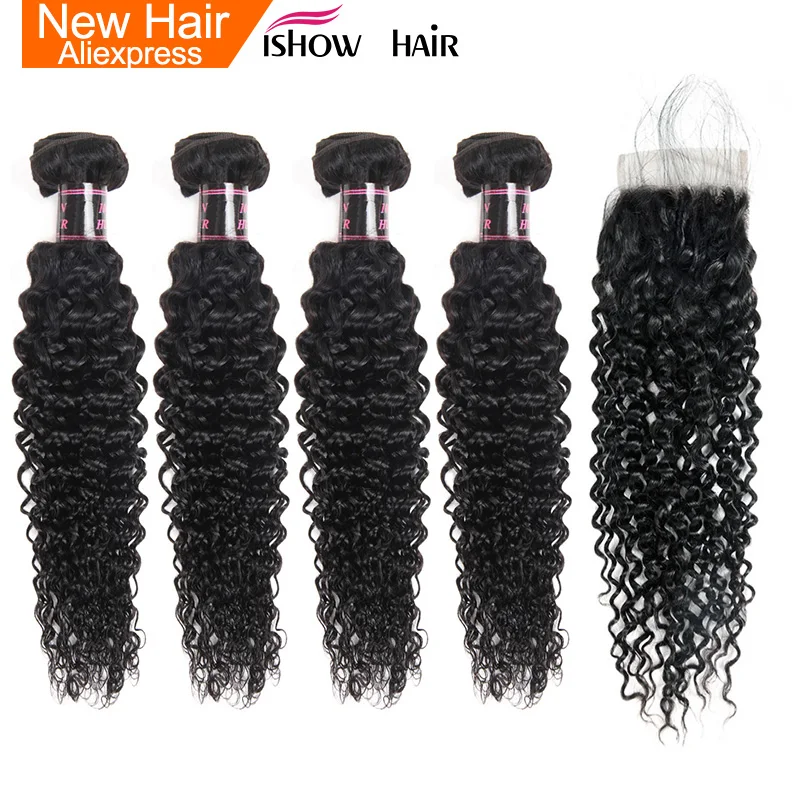 

Ishow Brazilian Curly Hair 4 Bundles With Closure 4*4 Free Part 100% Human Hair Bundles With Closure Non Remy Hair Lace Closure