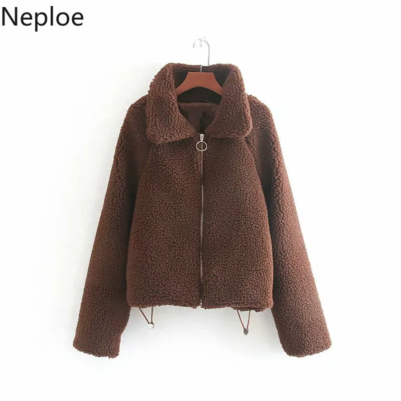 Neploe осень зима однотонный мех ягненка короткая женская куртка с отложным воротником Толстая однотонная куртка Студенческая Veste Femme 46197