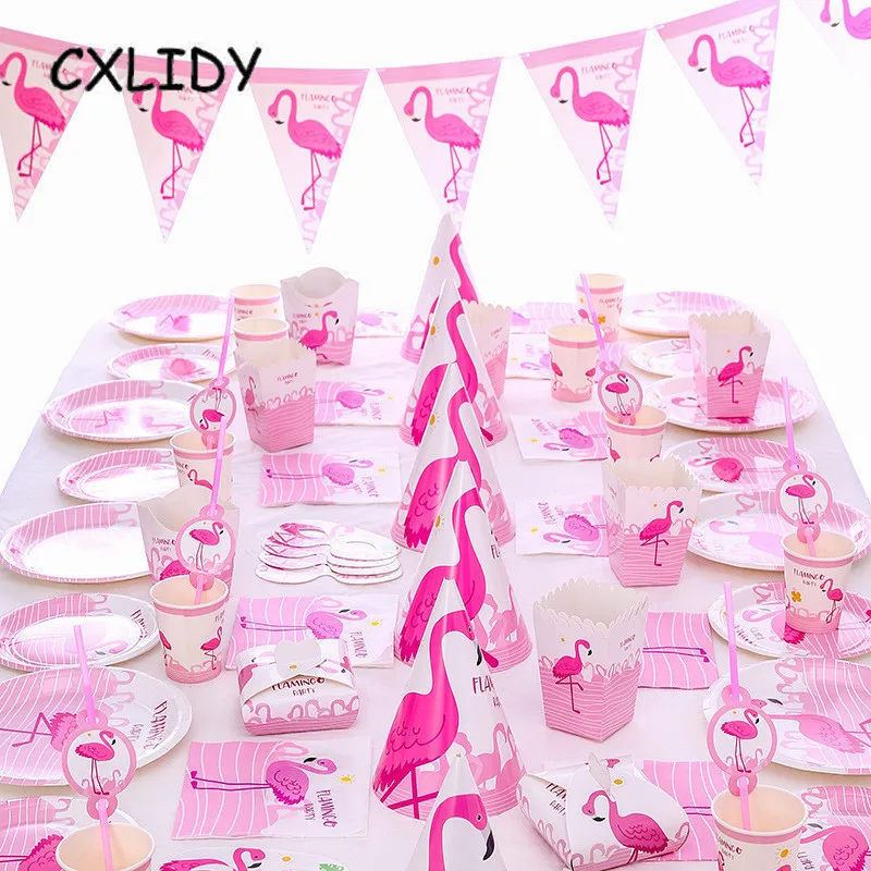 Flamingo Festival Party Set Children's Birthday Decoration Cutlery Set Paper Tray Straw Cup Candy Box Invitation Card qq173 (1)