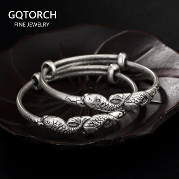 

Real Pure 999 Sterling Silver Bangles For Children Fish Engraved Classic Expandable Bangle Bracelet Jonc Argent 925