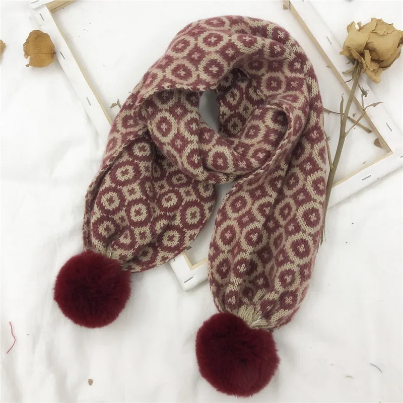 Wine Red Beige Вязаный шерстяной шарф с принтом для девочек, шарфы для студентов, Осенний шейный платок для мальчиков, зимний теплый детский шарф с помпонами - Цвет: Wine Red Beige