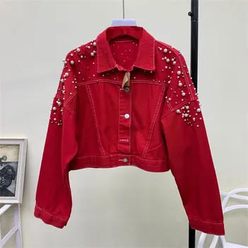 

Fashion 2020 New Women's Harajuku Short Jeans jackets Spring Autumn Rivet Pearl Red White Casual Denim jacket Student Basic coat