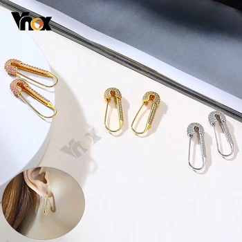 

Vnox Trendy Women's Earrings Safety Pin Shaped with AAA Cubic Zircon Accessory Paper Clip Female Party Ceremony Wear Jewelry