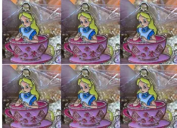 

10Pcs color princess Alice cup pink cartoon Necklace Enamel Beads Pendant Metal Charm Craft DIY Jewelry Making Finding