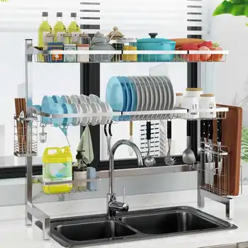 

2Tier Multi-use Stainless Steel Dishes Rack Dual Sink Drain Rack Adjustable Kitchen Oragnizer Rack Dish Shelf Sink Drying Rack