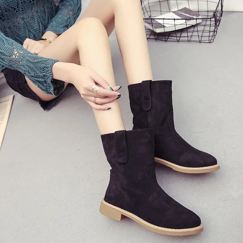 

Casual Solid Women Chelsea Boots Round Toe Low Square Heel Vintage Motorcycle Boots Slip-On Ankle Winter Shoes
