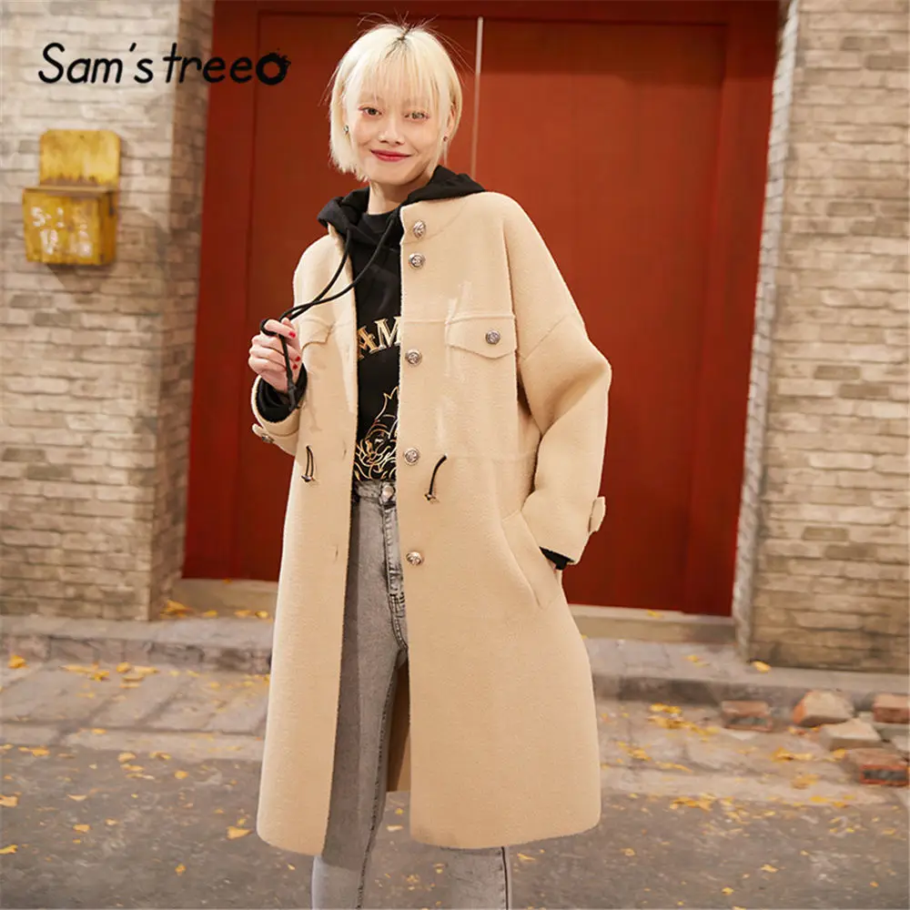 

SAM'S TREE Black Solid Drawstring Straight Warm Women wool Coat 2020 Spring Coffee Pure Single Breasted Oversive Ladies Outwears