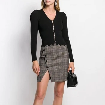 

Women Sweater French Elegance Autumn/winter 2019 V-neck Stretch Pearl Button Solid Color Knit Cardigan Women