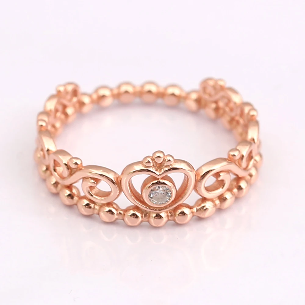 

2018 new 925 sterling Silver Gold-color My Princess Tiara Ring Rose & Clear CZ Compatible with European Jewelry