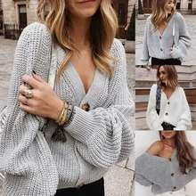 Новая модная осенняя одежда модная пуговица кардиган женский однотонный глубокий v-образный вырез трикотажный свитер Повседневный втулка сексуальные пиджаки