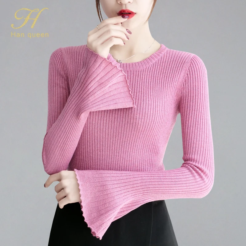 

H han queen 2019 Autumn Winter Women Sweater Knitted Tops O-neck Casual Soft Jumper Long Sleeve Slim Femme Elasticity Pullover
