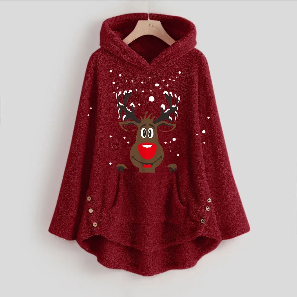 Sudadera mujer con capucha женский флисовый Рождественский свитер с вышивкой размера плюс, зимний теплый пуловер с капюшоном, топ с карманом, толстовка