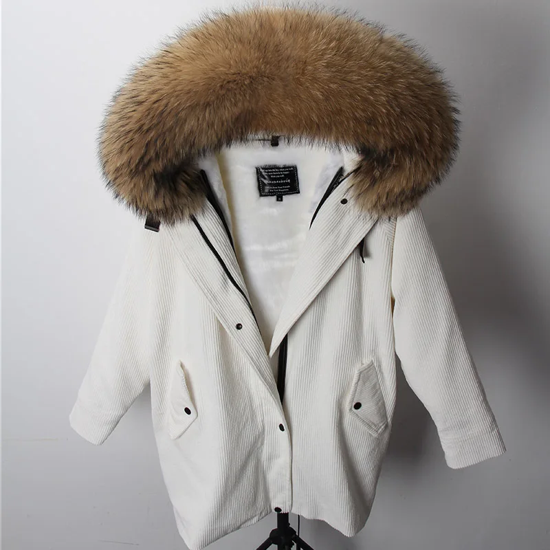 Женская зимняя куртка с подкладкой из натурального кроличьего меха, Женская парка, шуба, вельвет, воротник из натурального меха енота, теплая длинная парка - Цвет: 9