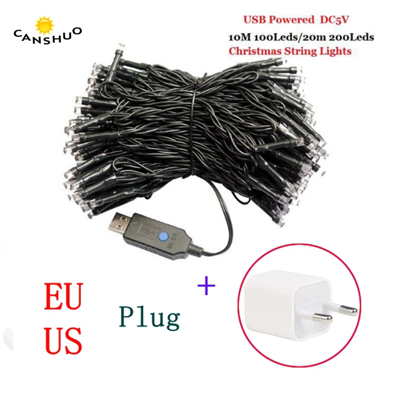 DC5V 10m20m USB питание Водонепроницаемый черный провод светодиодная гирлянда для наружной свадьбы Рождество праздник Декор с вилкой ЕС/США