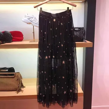 

Women Skirt 2019 Autumn Winter New Star Embroidered Mesh Women's Long Women's Skirt