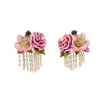 

Luxury Pink Rose Flower Tassel Dangle Earrings Jewelry Cute Enamel Plant Chain Piercing Drop Earrings Women Accessories EH019