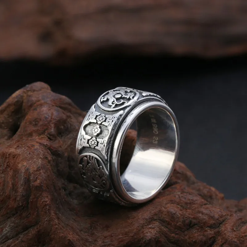 S990 кольцо из чистого серебра для мужчин, четыре зверя, кольцо на удачу, зеленый дракон, белый тигр, Сузаку, Бог, черепаха, поворот, тайское серебряное мужское кольцо