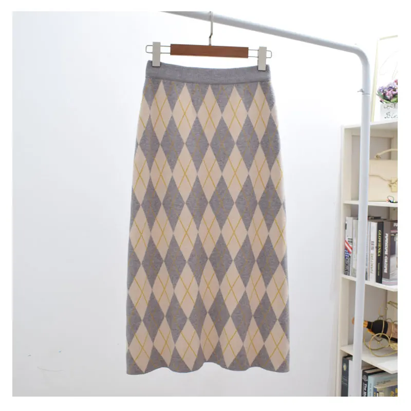 light grey Винтажная клетчатая осенне-зимняя трикотажная длинная юбка миди jupe femme до середины икры женские повседневные Элегантные трапециевидные юбки с высокой талией - Цвет: light grey