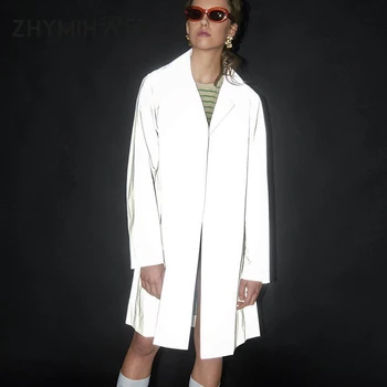 

ZHYMIHRET 2019 Autumn New Reflective Trench Coat Women Long Sleeve Turn Down Collar Long Coat Female Streetwear Casual Outwear