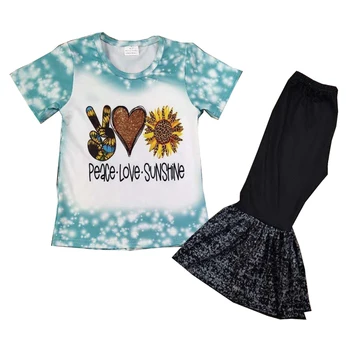 

children girl boutique outfits green tie dye peace&love short raglan flared pants kids girl bell bottom set