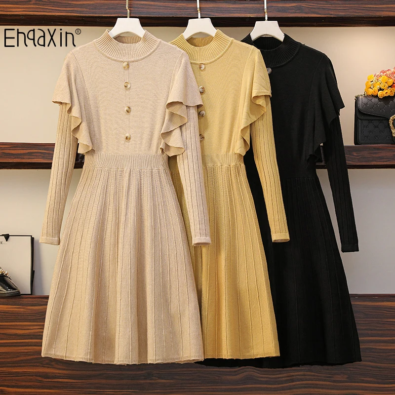 

EHQAXIN Autumn Winter Fashion New Ladies Knit Dress Sweet Ruffled Buttons Stitching Pleated Sweater A-Line Dress L-4XL