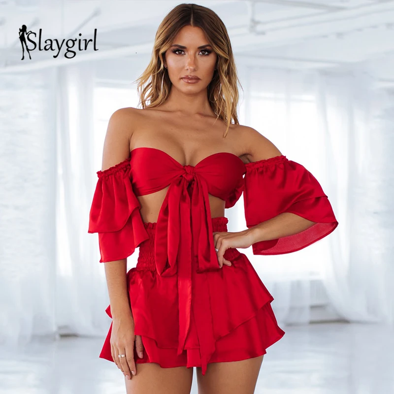 Slaygirl, Женский комплект 2 шт., сексуальный, с открытыми плечами, галстук, тубус для смычка, короткий топ и оборки, костюм с короткой юбкой, красный, черный, Tow Peice, набор