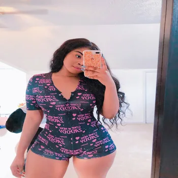 

Ladies Pajamas, Romper Short Sleeve V-Neck Heart Letters Printed Valentine's Day Gift Adult Sleepwear