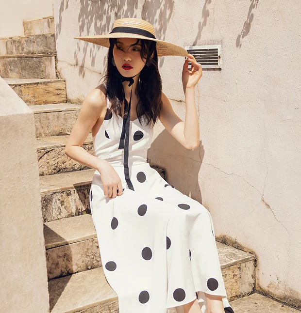 Женское пляжное платье в черный горошек офисное Привлекательное средней длины с