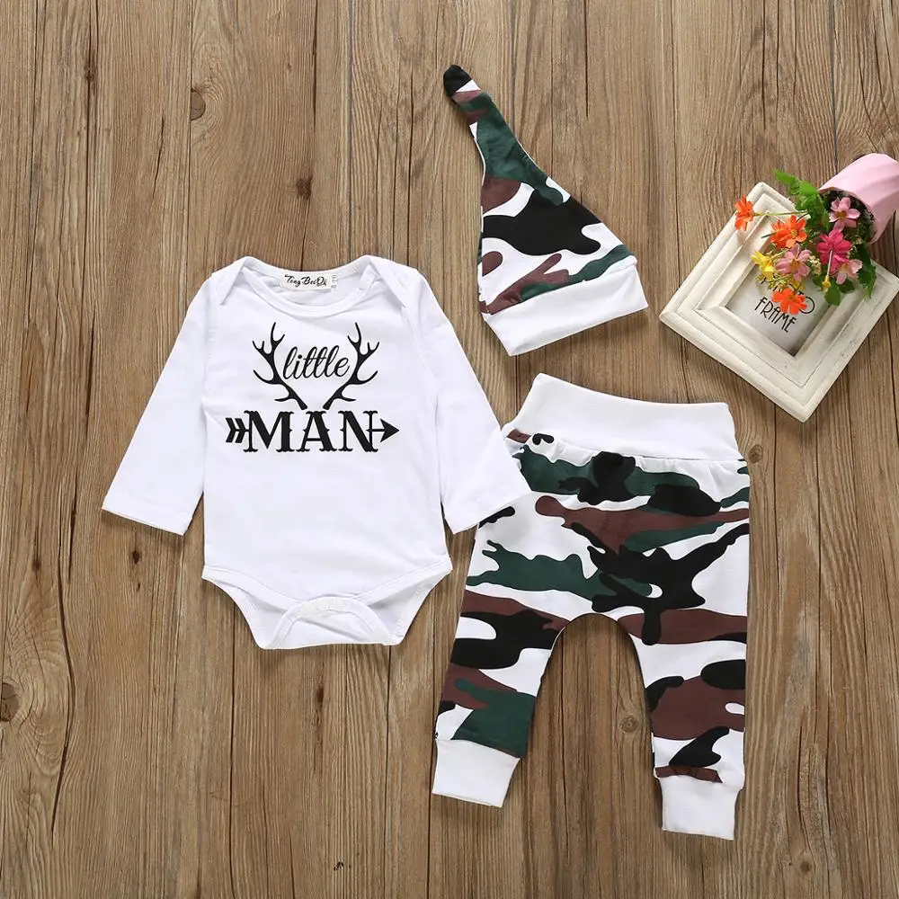 

3Pcs set Newborn Baby Boy Clothes Autumn Letter Little Man Print Romper Tops Camouflage Pants Hat Toddler Infant boy Outfits Set