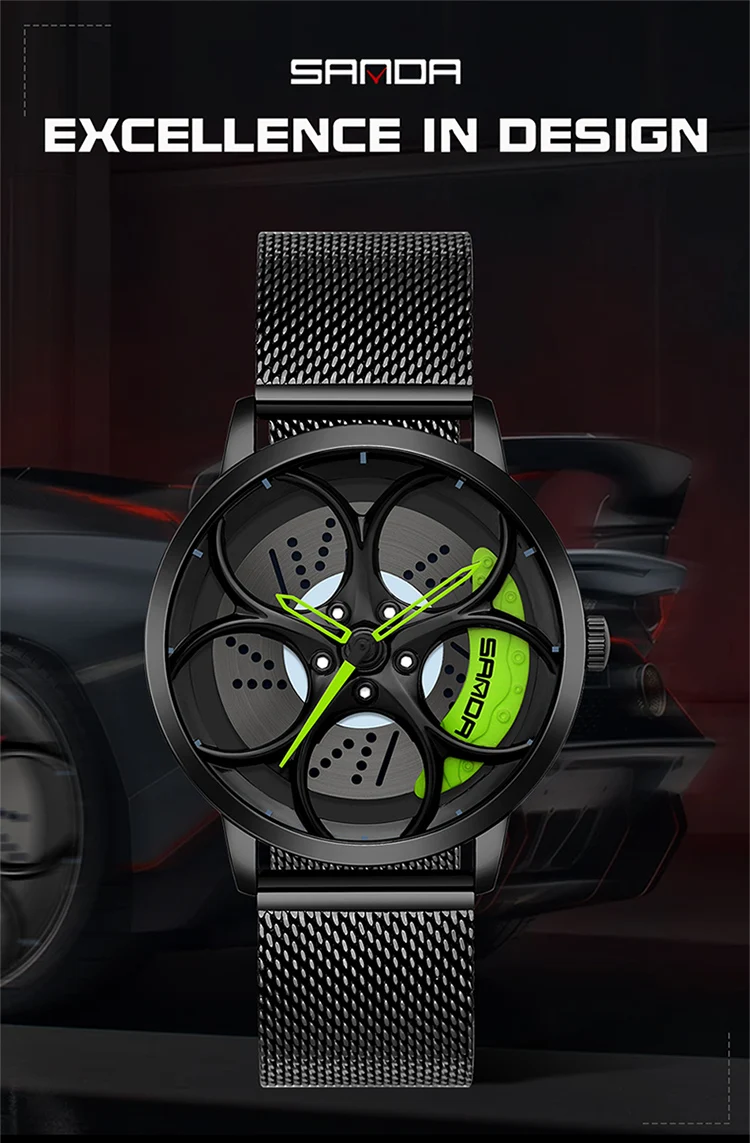 SANDA New Arrival Car Spinning Rim Hub Watche Custom Design Quartz Wristwatch Waterproof Car Wheel Watch Volk Racing Rays